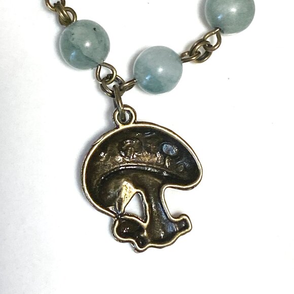 Natural Gray Green Aventurine Choker, Bronze Round Mushroom + Genuine Gemstone - Picture 7 of 16